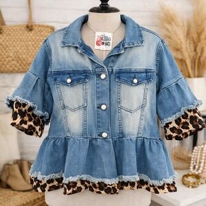 ZigZag Stripe Denim Jacket NWT Leopard Peplum Frayed Button Front Large